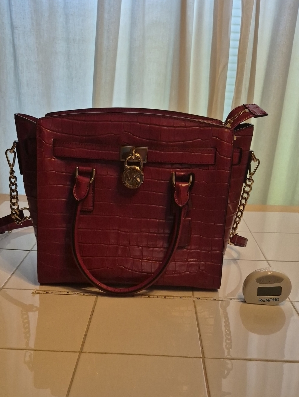Michael Kors Burgundy Croc-Embossed Satchel with Gold Hardware